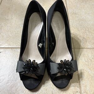 Versona Black Satin Heels with Floral Detail
